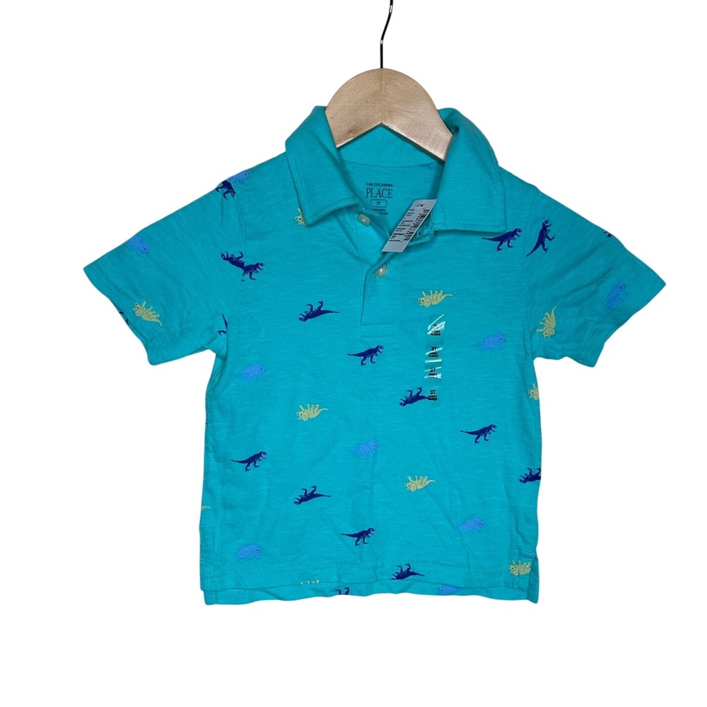 NWT Children's Place Boy's Dinosaur Print Polo Shirt size 3T Blue/Yellow